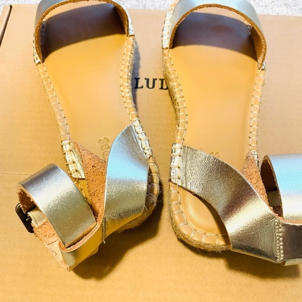 SOLUTOS Cadiz Leather Gold Espadrilles platform ankle Sandals size 6